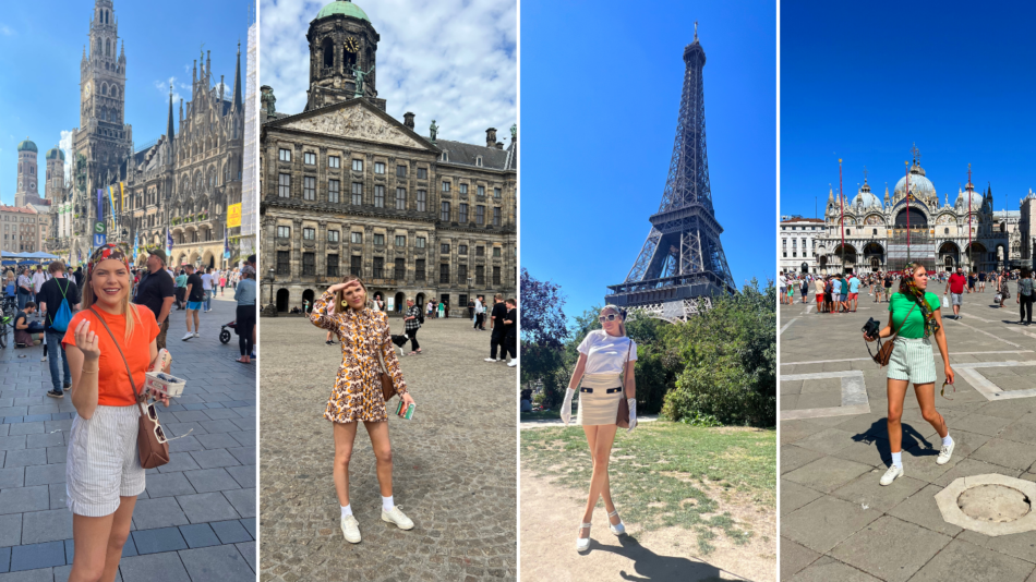 A collage of pictures of a woman walking in front of the eiffel tower.