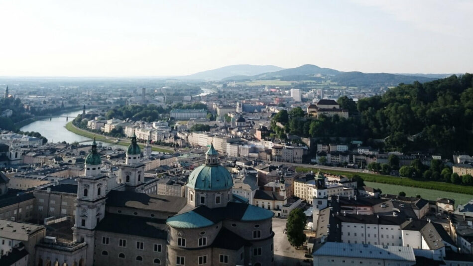 An aerial view of the best places to visit in Europe: the city of Salzburg.