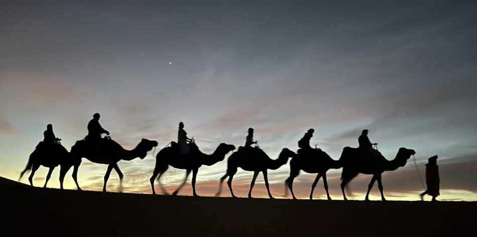 camel riding at night in Morocco