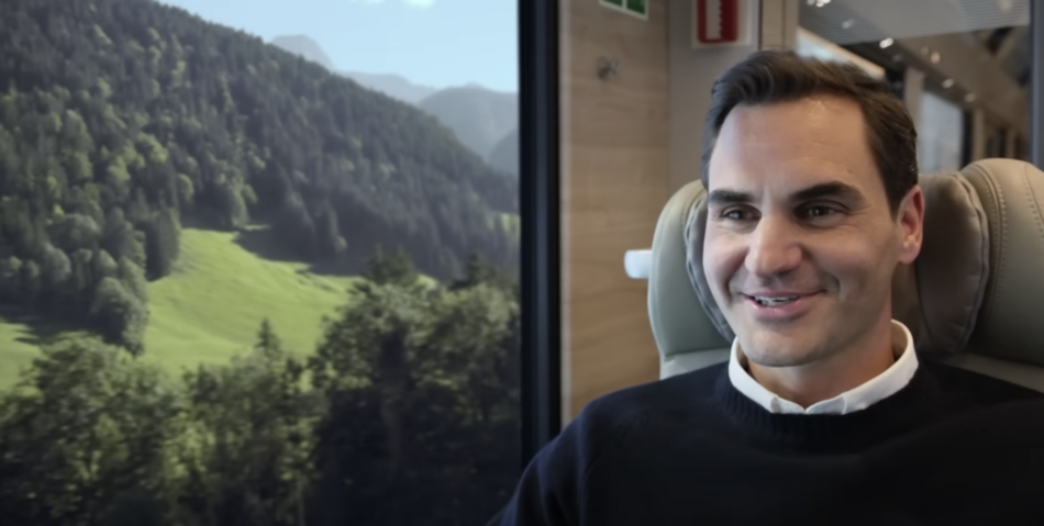 Roger Federer on a train to Switzerland