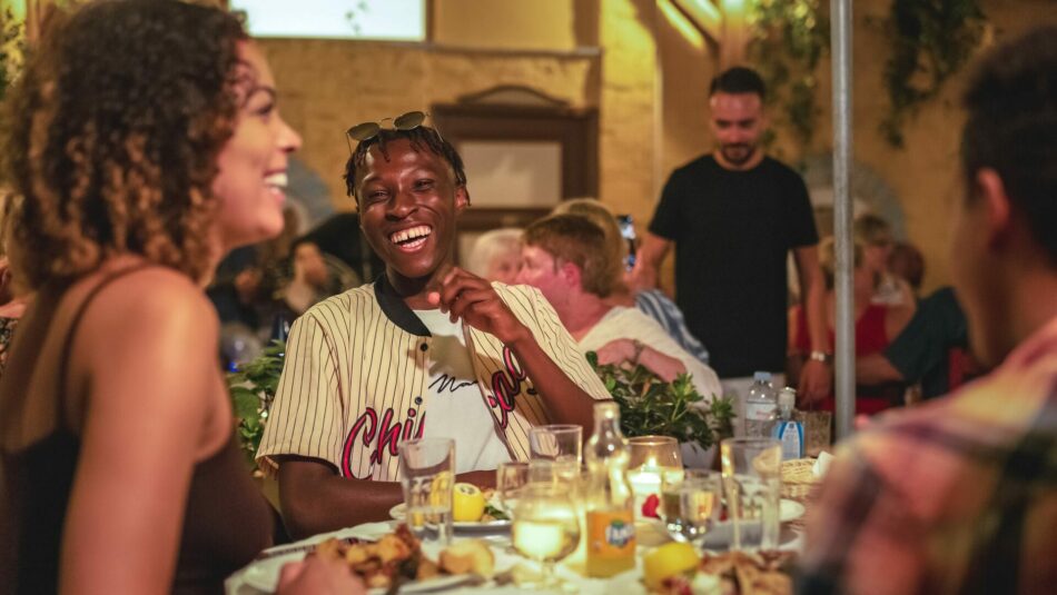 travellers enjoying a meal in Europe