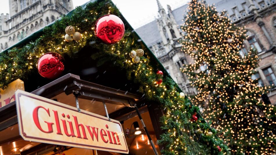 Glühwein stall selling spiced wine in Munich at Christmas