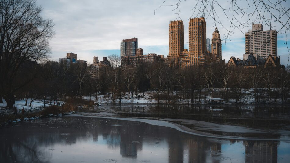 New York City in winter with snow and ice over central park
