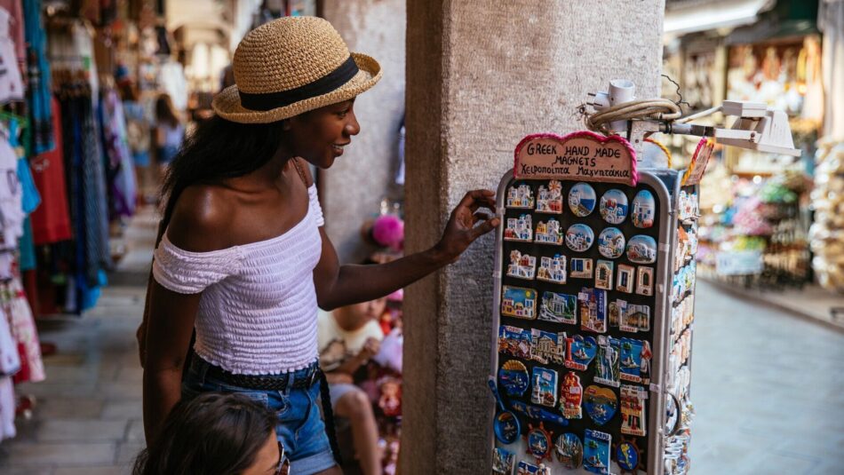 girl shopping for souvenirs in Europe