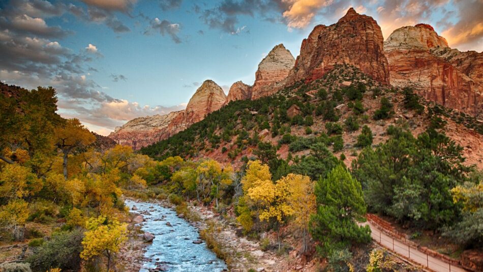 Zion National Park in the USA, views of rivers and trees and red rocks