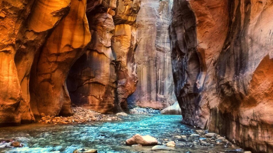 The Narrows trail in Zion National Park through Virgin River