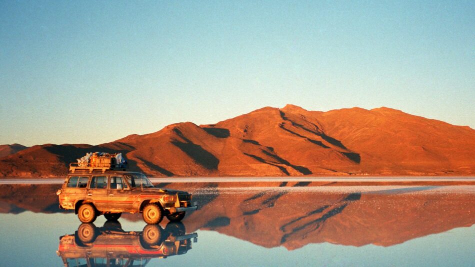 salt flats in Bolivia photographed at sunset