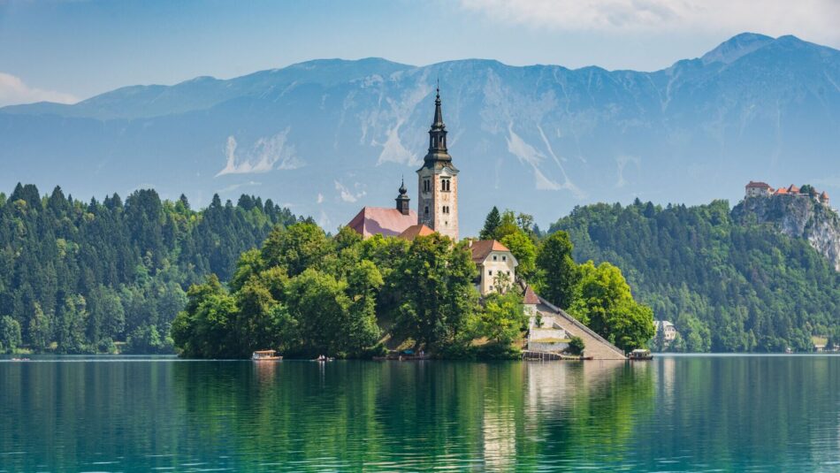 views of the church on island in Lake Bled, Slovenia