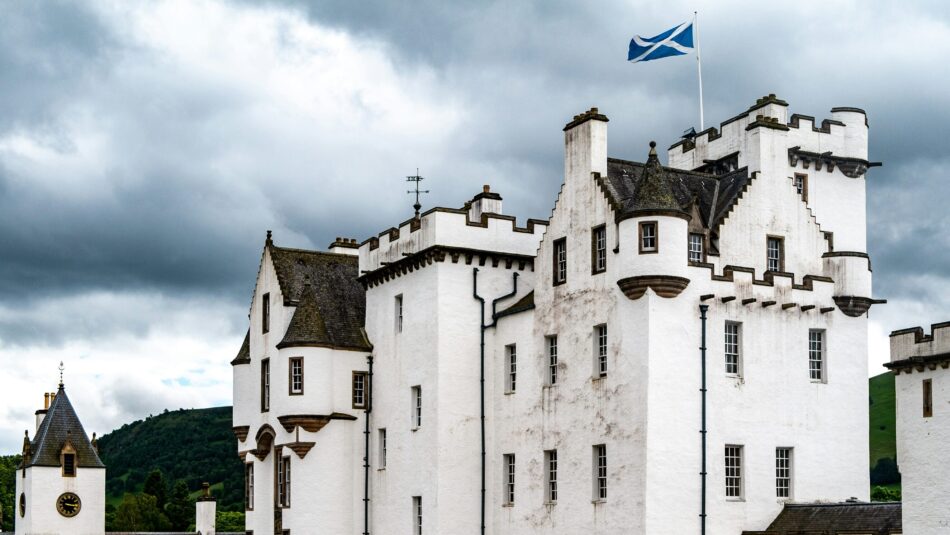white walls and moody background of Blair Castle in Scotland