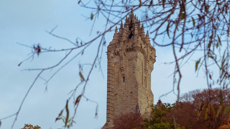 The Wallace Tower in Ayr, Scotland, a gothic structure in autumn