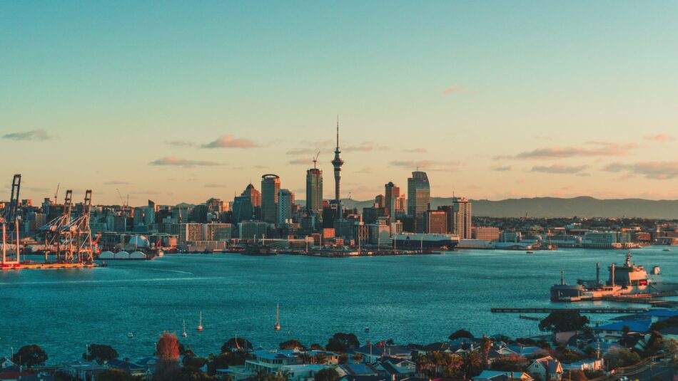 skyline view of Auckland in New Zealand with sunset