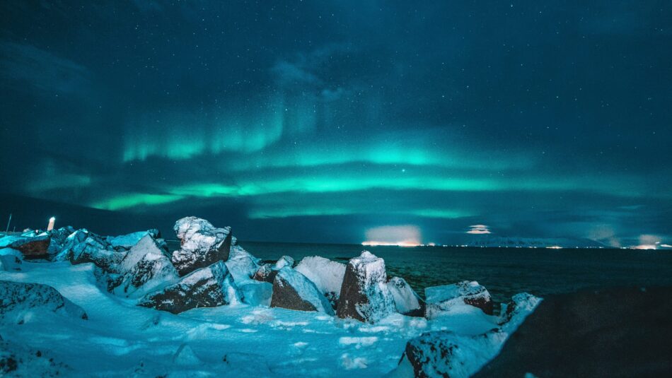 bright blue northern lights viewed in Iceland