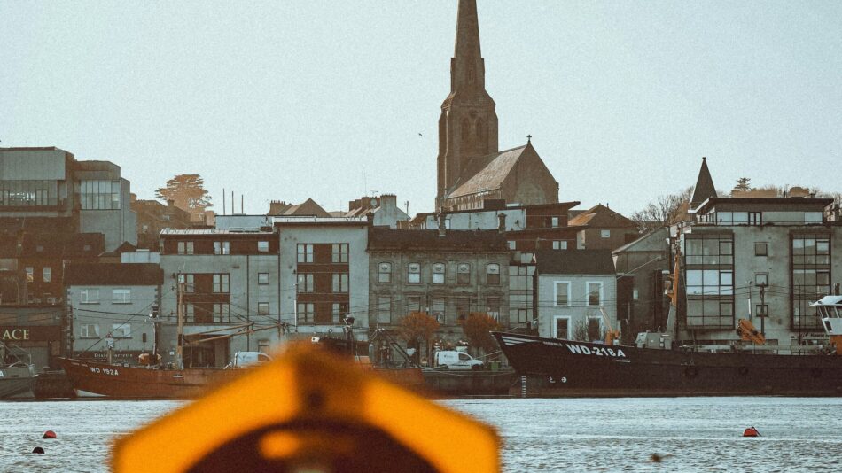 Irish town on a river during the winter