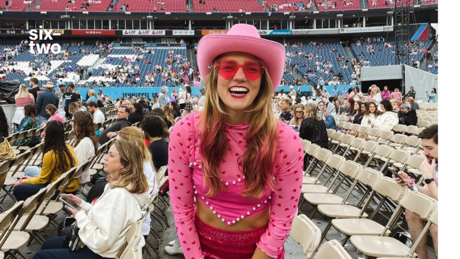 taylor swift fan Jemima Skelley pictured in a pink cowboy hat and glasses flew overseas five times for eras tour