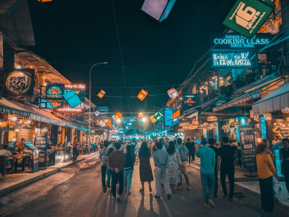 people walking down Pub Street siem reap Cambodia
