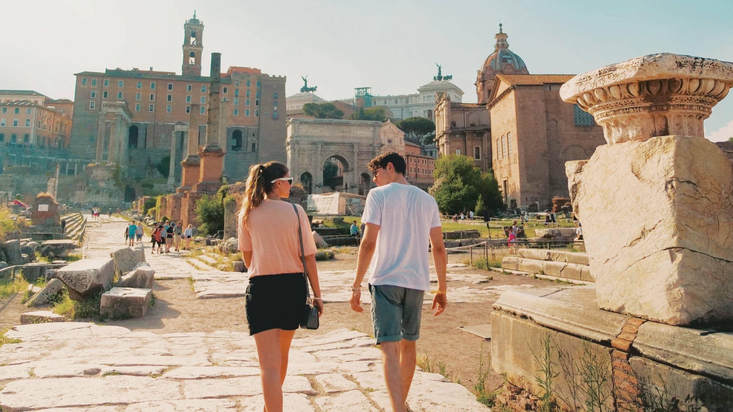 Contiki travellers exploring the Roman Forum in Rome, discovering ancient ruins and iconic landmarks on the Rome, Athens & Cairo 35 to 45 Tour